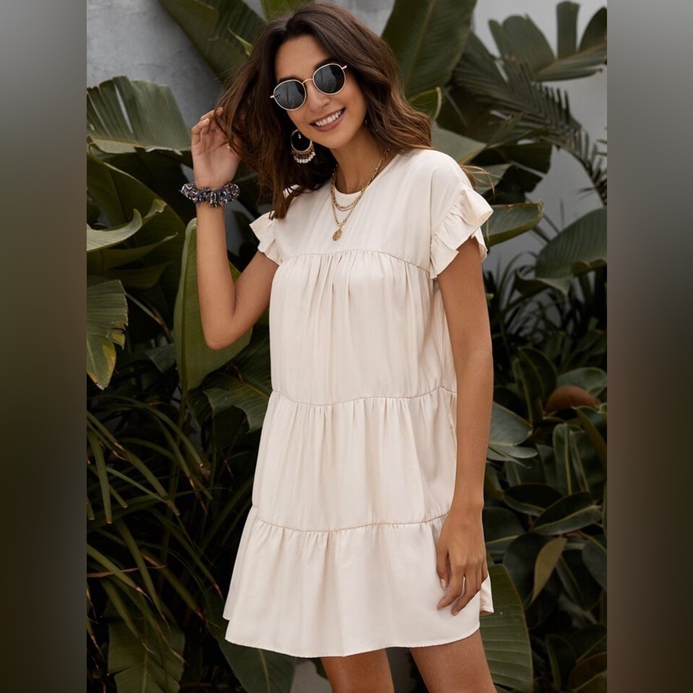 SHEIN Beige Tiered Ruffle Sleeve Mini Smock Dress - Size Small - Picture 6 of 11